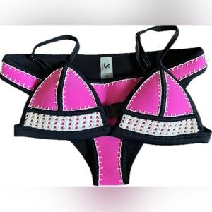 Pink, Black and White Bikini Set. Crochet, blanket stitch. Women’s Size Medium